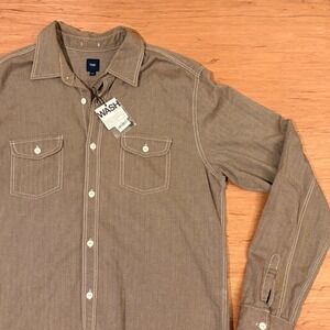 Gap Mens Herringbone Work Shirt Khaki Brown Cotton Long Sleeve Utility L NWT
